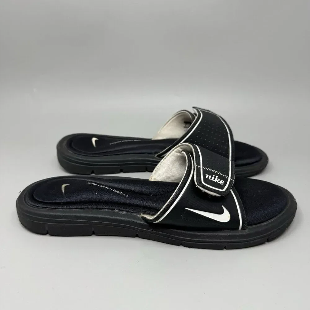 Nike Comfort Slip On Strap Slide Memory Foam Shoes Black White Womens Size 9